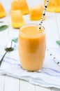 Glass of fresh cantaloupe smoothie with straw birch on white wo Royalty Free Stock Photo