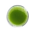 Glass of fresh celery juice on white background, top view Royalty Free Stock Photo