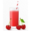 Glass of fresh cherry juice with berries and striped straw for cocktails, isolated on transparent background. Smoothies of red Royalty Free Stock Photo