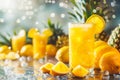 Glass of fresh citrus juice with ripe natural lemons, oranges on table with fruits and water Royalty Free Stock Photo