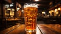 A glass of fresh and cold beer is served on a wooden table with the scene\'s pub backdrop. AI Generated