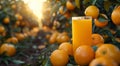 Glass of fresh cold orange juice with orange halves on harvest plantation field background.Macro.AI Generative