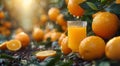 Glass of fresh cold orange juice with orange halves on harvest plantation field background.Macro.AI Generative