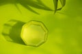 Glass of fresh cold water on bright green background among green foliage with contrasting shadows from the bright sun