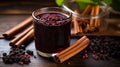 Glass of fresh elderberry syrup with cinnamon stick, brown sugar, star anise. generative ai