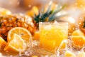 Glass of fresh fruit juice with ripe natural lemons, oranges on table with fruits on water surface Royalty Free Stock Photo