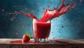 Glass of fresh fruit juice with splashes. Delicious sweet beverage. Tasty red drink. Blue background Royalty Free Stock Photo