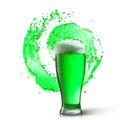 Glass of fresh green beer with splash on a white.