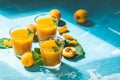 Glass of fresh healthy apricot juice in sunny light on blue surface Royalty Free Stock Photo