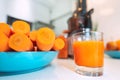 Glass of fresh homemade carrot juice made in juicer machine Royalty Free Stock Photo