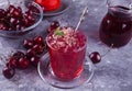 Glass with fresh homemade cherry sweet iced tea or cocktail, lemonade with mint. Refreshing cold drink. Summer party Royalty Free Stock Photo