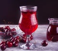 Glass with fresh homemade cherry sweet iced tea, wine, cocktail, lemonade. Refreshing cold drink. Summer party. Royalty Free Stock Photo