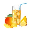 Glass of fresh juice with ice cubes, mango and pineapple