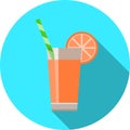 Round icon of a glass of fresh juice with an orange slice and a straw. Icon of fruit cocktail