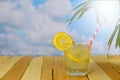 A glass of fresh lemonade on ice with a lemon garnish and a fun red and white barber pole style straw Royalty Free Stock Photo