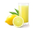 Glass of fresh lemonade with whole and piece of lemon. Juicy citrus with leaves, isolated on white background. Smoothies of lemon