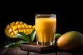 Glass of fresh mango juice on dark background. Still life, concept of healthy and dieting eating. Summer tropical fruit close-up. Royalty Free Stock Photo