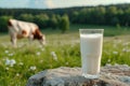 A glass of fresh milk against the background of grazing cows on a green meadow