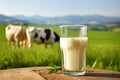 Glass of fresh milk on beautiful green field with grazing cows. Copy space Royalty Free Stock Photo