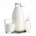Glass of Fresh Milk with Bottle and Splash on White Background Royalty Free Stock Photo