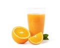 Glass of fresh orange juice with fruits cut in half and sliced with green leaf Royalty Free Stock Photo