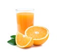 Glass of fresh orange juice with fruits cut half and sliced with green leaf Royalty Free Stock Photo