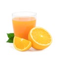 Glass of fresh orange juice with fruits cut in half and sliced with green leaf isolated Royalty Free Stock Photo