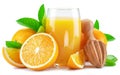 Glass of fresh orange juice and orange fruits isolated on white background Royalty Free Stock Photo