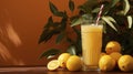 glass of fresh orange juice with fresh fruits on wooden table Royalty Free Stock Photo