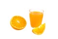 Glass of Fresh Orange Juice, Half crescent Orange Fruit on white