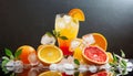 Glass fresh orange juice and ice cubes with citrus fruit slices. Vitamin and nutrition diet beverage Royalty Free Stock Photo