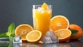 Glass fresh orange juice and ice cubes with citrus fruit slices. Vitamin and nutrition diet beverage Royalty Free Stock Photo