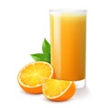 Glass of fresh orange juice. Juicy citrus with leaves, isolated on white background. Smoothies of orange. Realistic 3d vector