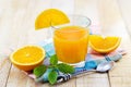 Glass of fresh orange juice with mint on fabric and wooden background Royalty Free Stock Photo