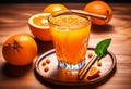 Glass of fresh orange juice with mint and ice cubes on wooden table Royalty Free Stock Photo