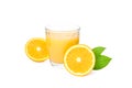 Glass with fresh orange juice, oranges with leaves isolated on white background Royalty Free Stock Photo