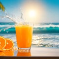 A glass of fresh orange juice to drink, water splashes on table at beach sea as background generates by AI Royalty Free Stock Photo