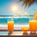 A glass of fresh orange juice to drink, water splashes on table at beach sea as background generates by AI Royalty Free Stock Photo