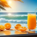 A glass of fresh orange juice to drink, water splashes on table at beach sea as background generates by AI Royalty Free Stock Photo