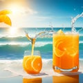 A glass of fresh orange juice to drink, water splashes on table at beach sea as background generates by AI Royalty Free Stock Photo