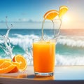 A glass of fresh orange juice to drink, water splashes on table at beach sea as background generates by AI Royalty Free Stock Photo