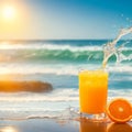 A glass of fresh orange juice to drink, water splashes on table at beach sea as background generates by AI Royalty Free Stock Photo