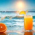 A glass of fresh orange juice to drink, water splashes on table at beach sea as background generates by AI Royalty Free Stock Photo