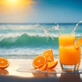 A glass of fresh orange juice to drink, water splashes on table at beach sea as background generates by AI Royalty Free Stock Photo