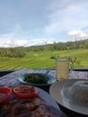 a glass of fresh oranges with delicious grilled fish with a view of the rice fields full of rice plants