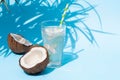 A glass of fresh organic coconut water, milk on a blue pastel background and a ripe half of a coconut next to under palm leaves. Royalty Free Stock Photo