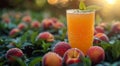 Glass of fresh peach nectarine juice with fruit halves on harvest plantation field background.Macro.AI Generative Royalty Free Stock Photo