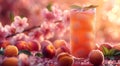 Glass of fresh peach nectarine juice with fruit halves on harvest plantation field background.Macro.AI Generative Royalty Free Stock Photo