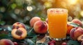 Glass of fresh peach nectarine juice with fruit halves on harvest plantation field background.Macro.AI Generative Royalty Free Stock Photo