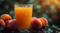 Glass of fresh peach nectarine juice with fruit halves on table and plantation field background.Macro.AI Generative Royalty Free Stock Photo